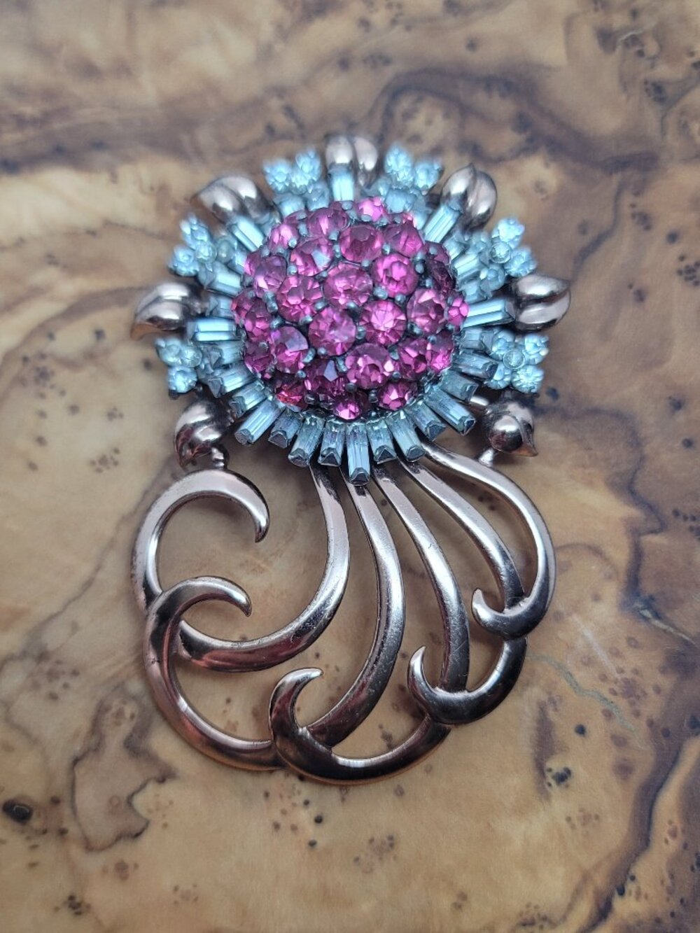 Rare/HTF Pink & Clear Rhinestone & Sterling Sunburst Brooch by Pennino Brothers
